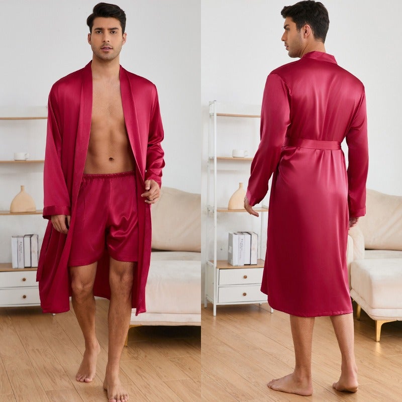 طقم ملابس منزلية رجالي - رداء بأكمام طويلة مع شورت، ملابس منزلية خفيفة، ربيع/صيف/خريف، لون سادة