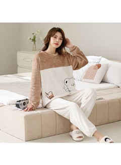 New Style Womens Flannel Round Neck Pullover Casual Loose-fit Cartoon Coral Velvet Homewear Suit Winter Season Pajama Sets Brown ice cream bear