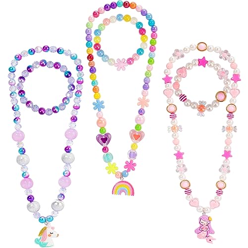 PinkSheep Kids Classic Jewelry, 3 Sets of Beaded Necklaces and Bracelets for Girls, Favors Bags for Girls Jewelry (Mermaid) - Image 1