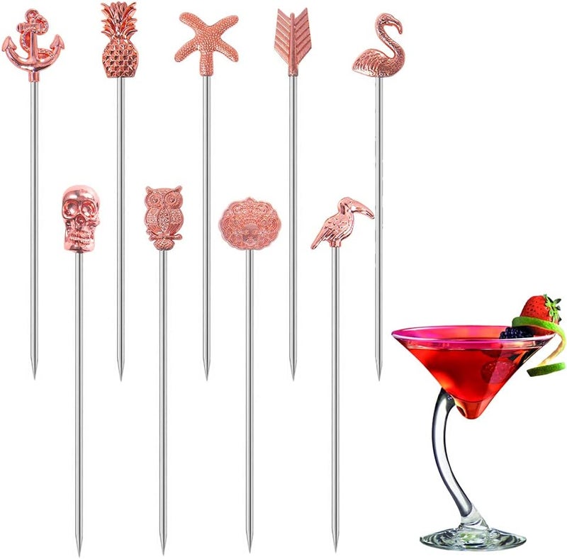 DEEKOUDT YES Time Martini Cocktail Picks Reusable Olive Picks Garnish Skewer Fruit Toothpicks Set of 9 (Rose Gold) - Image 1
