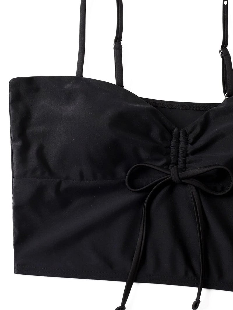 Lilosy Tummy Control Drawstring High Waisted Bikini Set String Swimsuit Spaghetti Strap Cami Top and Tie Side Shorts 2 Piece Women Bathing Suit Black Medium - Image 5
