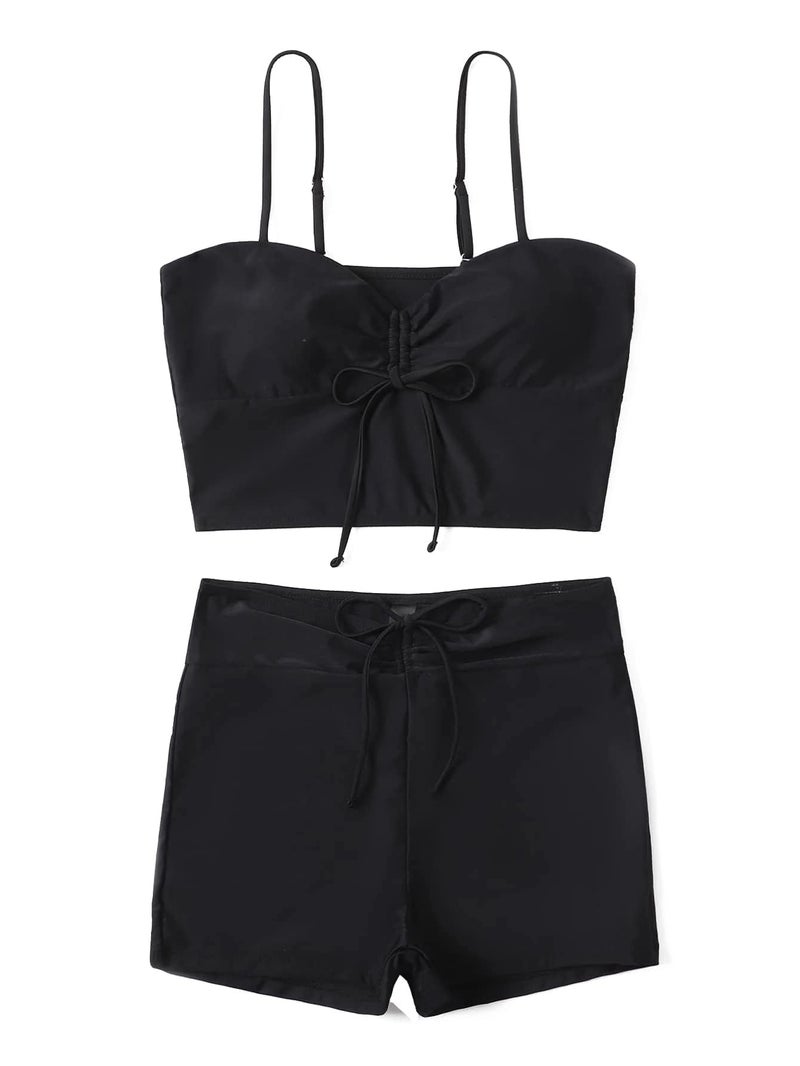 Lilosy Tummy Control Drawstring High Waisted Bikini Set String Swimsuit Spaghetti Strap Cami Top and Tie Side Shorts 2 Piece Women Bathing Suit Black Medium - Image 4