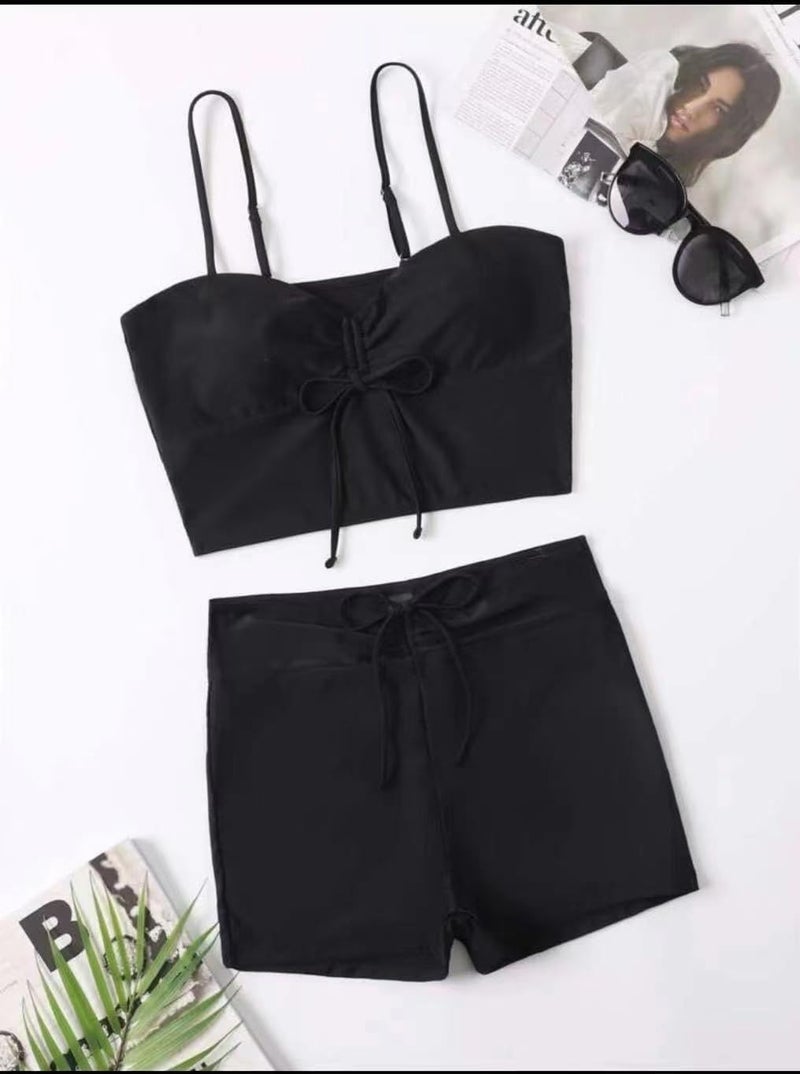 Lilosy Tummy Control Drawstring High Waisted Bikini Set String Swimsuit Spaghetti Strap Cami Top and Tie Side Shorts 2 Piece Women Bathing Suit Black Medium - Image 3
