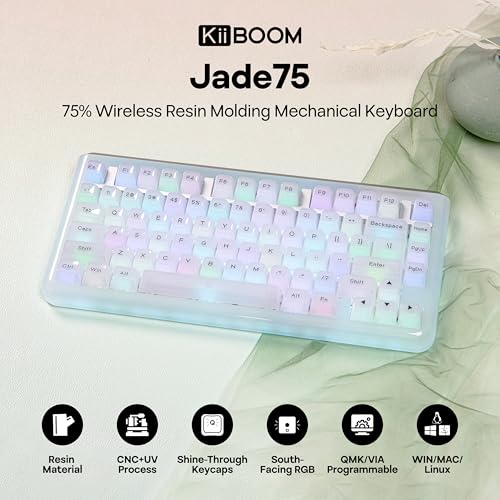 KiiBoom Jade75 75% Resin Molding Mechanical Keyboard, BT5.0/USB-C/2.4GHz Wireless Gaming Keyboard, QMK&VIA Programmable, RGB Backlits, Hot-Swappable, CNC+UV Case for Windows/Mac/Linux (Clear) - Image 2