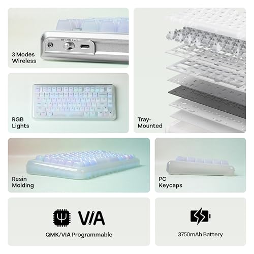 KiiBoom Jade75 75% Resin Molding Mechanical Keyboard, BT5.0/USB-C/2.4GHz Wireless Gaming Keyboard, QMK&VIA Programmable, RGB Backlits, Hot-Swappable, CNC+UV Case for Windows/Mac/Linux (Clear) - Image 3