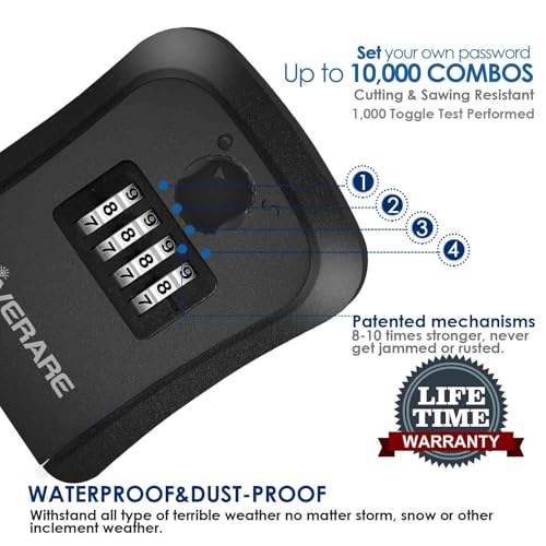 GIVERARE Lock Box, 4 Digits Combination Lockbox, Waterproof Outdoor Key Hider for House Key Storage Wall Mount Outside, Resettable Code Safe Security Password Boxes with Mounting Kit-Black - Image 3