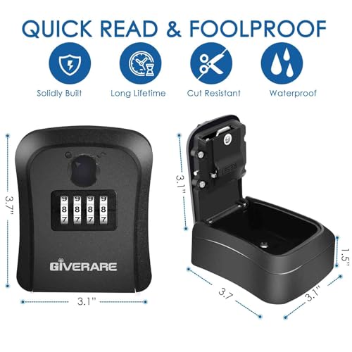 GIVERARE Lock Box, 4 Digits Combination Lockbox, Waterproof Outdoor Key Hider for House Key Storage Wall Mount Outside, Resettable Code Safe Security Password Boxes with Mounting Kit-Black - Image 2