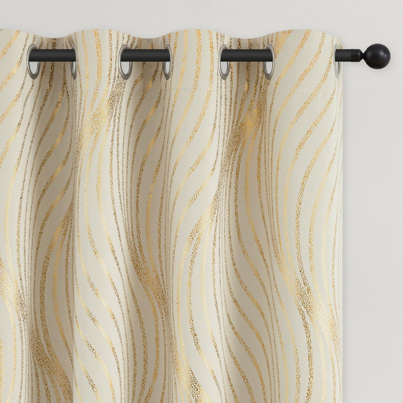 Xwincel 100% Blackout Curtains for Bedroom  Beige Gold Wave Line Dot Patterned Curtains 96 Inches Long  Metallic Gold Drapes Living Room Darkening Thermal Insulated Grommet Window Curtains 2 Panels - Image 5