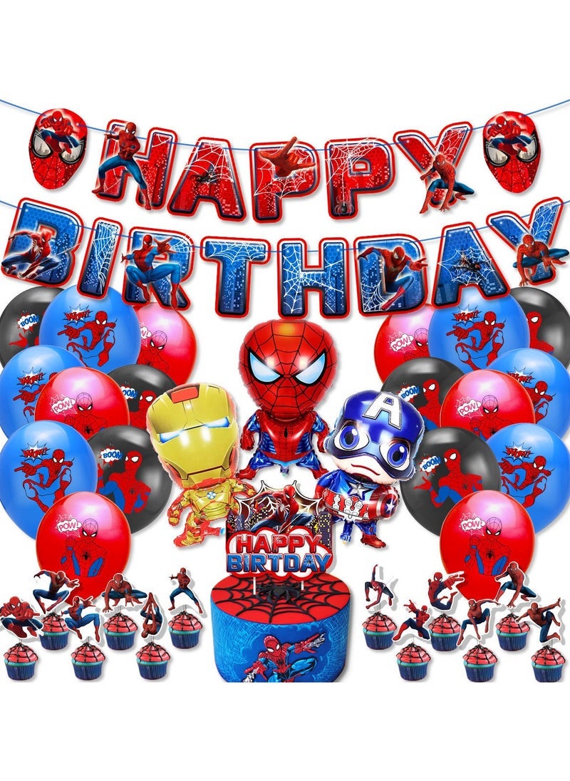MARVEL Spiderman Theme Birthday Party Decoration Children's Birthday Flag Cake Card Balloon Set Superhero Theme Party Suit Multicolor - Image 1