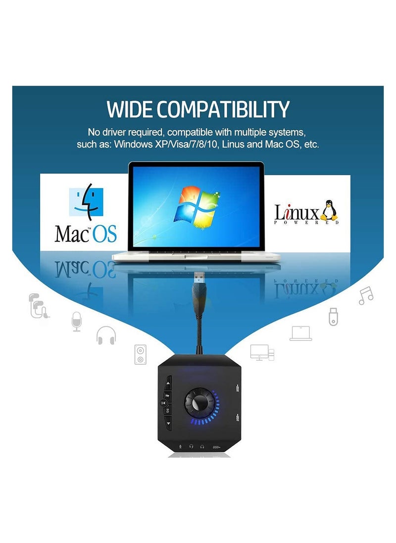 SYOSI - T10 External Sound Card, USB Hubs, Audio Adapter, External Stereo Sound Card, 3.5mm Headphone Microphone Jack, Volume Control, Plug & Play (6-in-1) USB Audio Adapter for PC Windows, Mac, Laptops - Image 1
