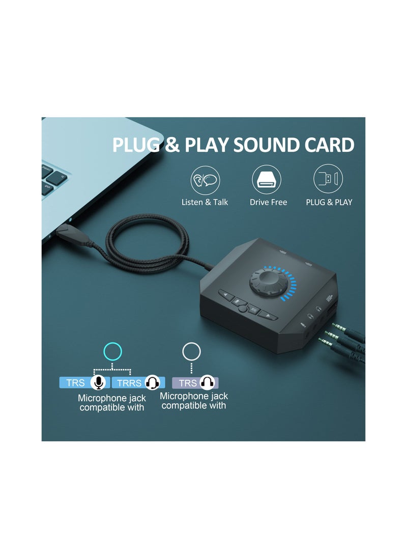 SYOSI - T10 External Sound Card, USB Hubs, Audio Adapter, External Stereo Sound Card, 3.5mm Headphone Microphone Jack, Volume Control, Plug & Play (6-in-1) USB Audio Adapter for PC Windows, Mac, Laptops - Image 1