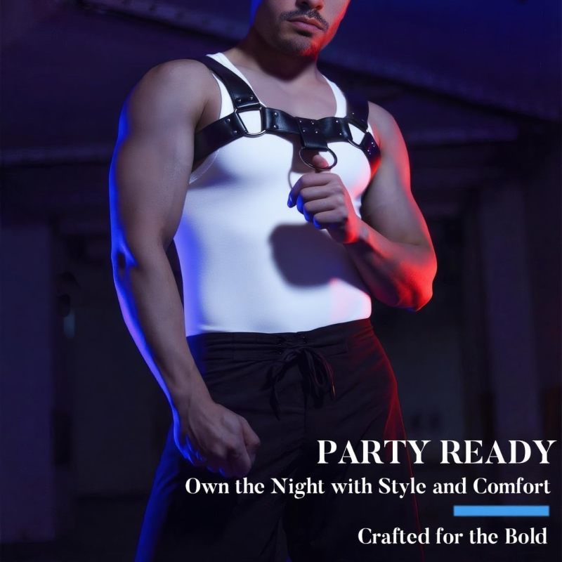 Men's Punk Harness - Black Leather Chest Harness with Structured Shoulder Straps for Gothic Punk Cosplay Party Outfits - Image 3