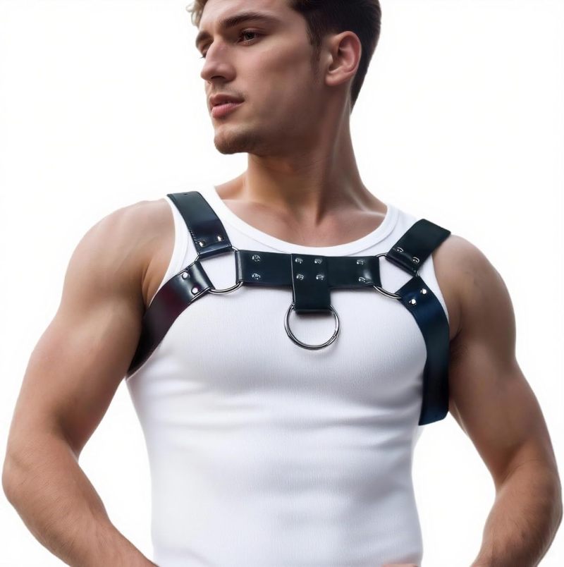 Men's Punk Harness - Black Leather Chest Harness with Structured Shoulder Straps for Gothic Punk Cosplay Party Outfits - Image 1