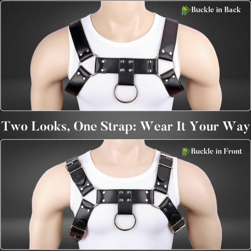 Men's Punk Harness - Black Leather Chest Harness with Structured Shoulder Straps for Gothic Punk Cosplay Party Outfits - Image 4
