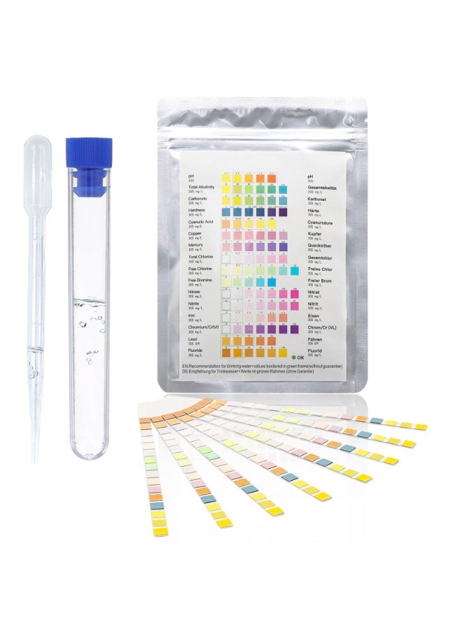 16 in 1 Water Tester for Drinking Water, Pack of 50 Water Tester Strips with Test Tube and Dropper, Universal Water Tester Strips for Tap Water, Pools and Spas – Easy to Use for Testing Water Hardness, pH and Chlorine - Image 1