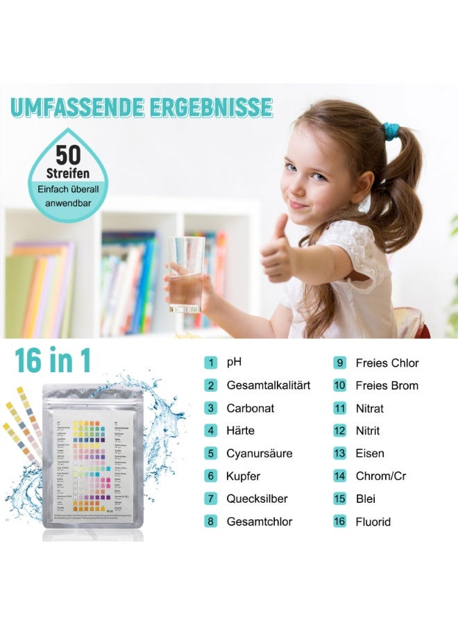 16 in 1 Water Tester for Drinking Water, Pack of 50 Water Tester Strips with Test Tube and Dropper, Universal Water Tester Strips for Tap Water, Pools and Spas – Easy to Use for Testing Water Hardness, pH and Chlorine - Image 3
