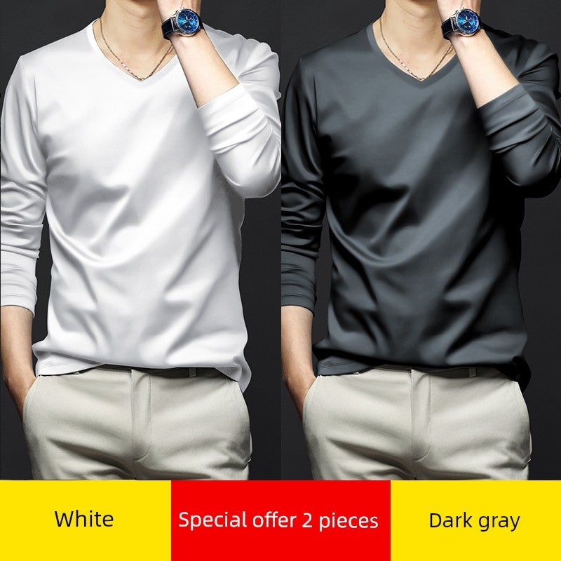 High-end modal long-sleeved t-shirt men's V-neck solid white inner wear New  base shirt autumn clothes small shirt thin style - Image 3