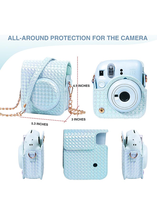 O Ozone - Camera Case for Fujifilm Instax Mini 12 Instant Camera, PU Leather Glitter Woven Camera Bag with Shoulder Strap & 64 Pockets Mini Photo Album - Blue - Image 1