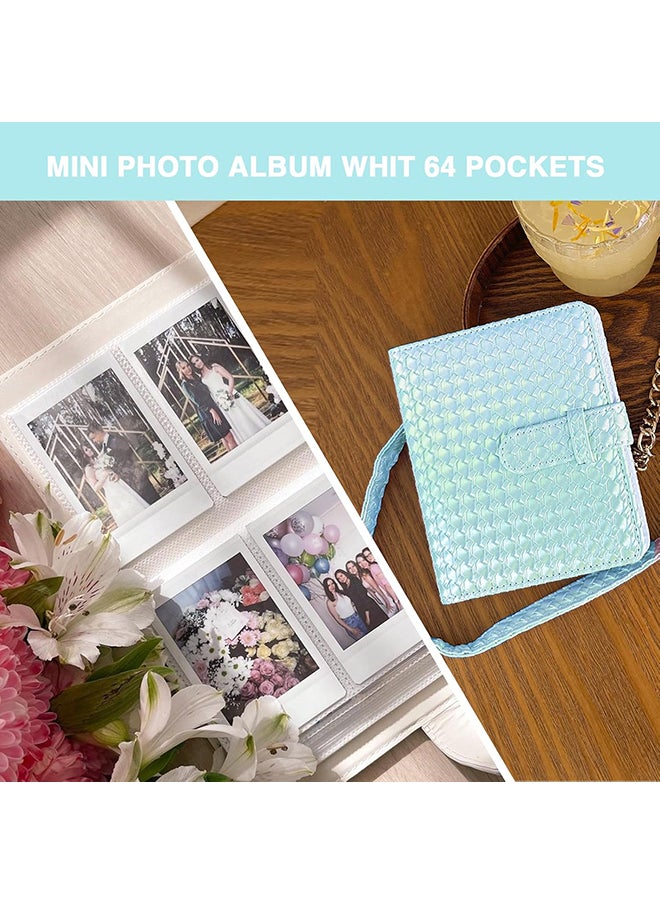 O Ozone - Camera Case for Fujifilm Instax Mini 12 Instant Camera, PU Leather Glitter Woven Camera Bag with Shoulder Strap & 64 Pockets Mini Photo Album - Blue - Image 1