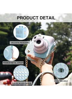 O Ozone Camera Case for Fujifilm Instax Mini 12 Instant Camera, PU Leather Glitter Woven Camera Bag with Shoulder Strap & 64 Pockets Mini Photo Album - Blue  - Image 2