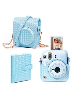 O Ozone Camera Case for Fujifilm Instax Mini 12 Instant Camera, PU Leather Glitter Woven Camera Bag with Shoulder Strap & 64 Pockets Mini Photo Album - Blue  - Image 1