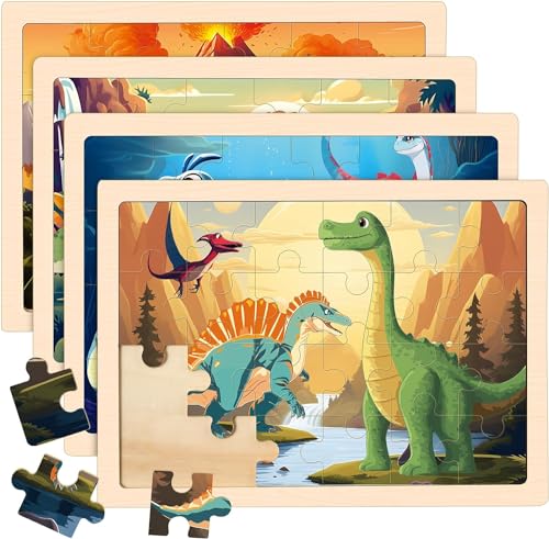Duchong Puzzles for Kids Ages 46 4 Packs Wooden Dinosaur Puzzles for Toddlers Ages 35 Preschool Educational Dino Puzzles Boards Toys Gifts for 3 4 5 6 Boys Girls - Image 1