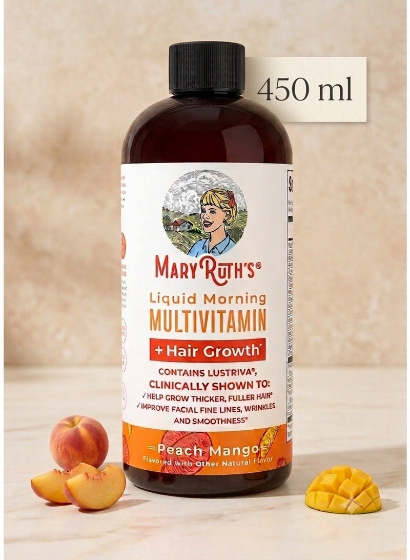 MaryRuth's Liquid Morning Multivitamin + Hair Growth, Peach Mango, 15.22 fl oz (450 ml) - Image 1