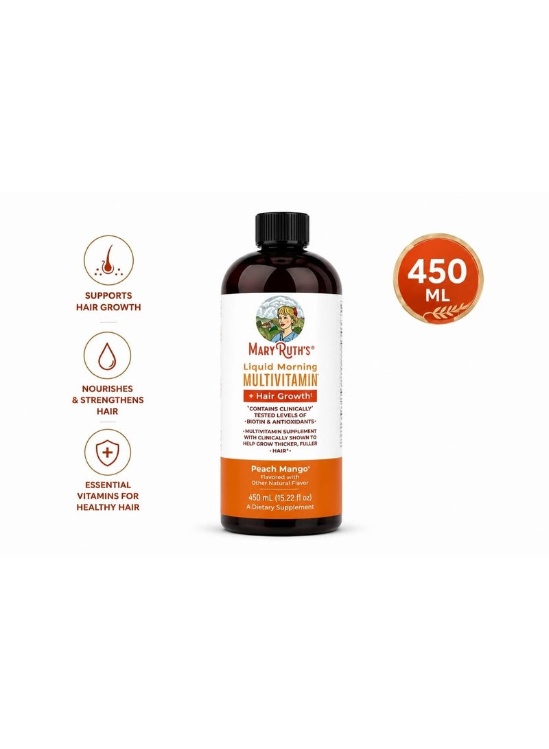MaryRuth's Liquid Morning Multivitamin + Hair Growth, Peach Mango, 15.22 fl oz (450 ml) - Image 1
