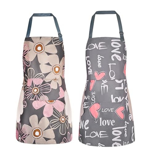 DILLMAN 2 Pack Floral Aprons with Pocket, Blooming Womens Aprons Waterproof Adjustable Cooking Aprons for Kitchen Gardening and Salon (2Pack #B) - Image 1