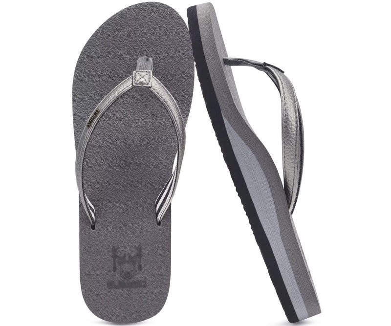 KuaiLu Womens Arch Support Flip Flops Comfortable Yoga Mat Slip on Leather Walking Thong Cushion Sandals Summer Beach Orthotic Slides Travel Essentials Indoor Outdoor Slippers Shoes Grey Size 8 - Image 1