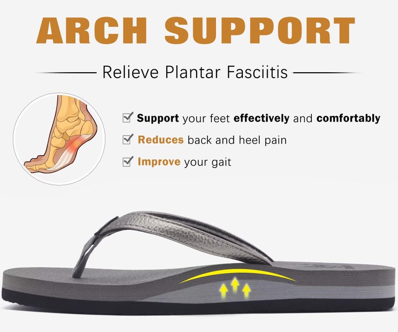 KuaiLu Womens Arch Support Flip Flops Comfortable Yoga Mat Slip on Leather Walking Thong Cushion Sandals Summer Beach Orthotic Slides Travel Essentials Indoor Outdoor Slippers Shoes Grey Size 8 - Image 5