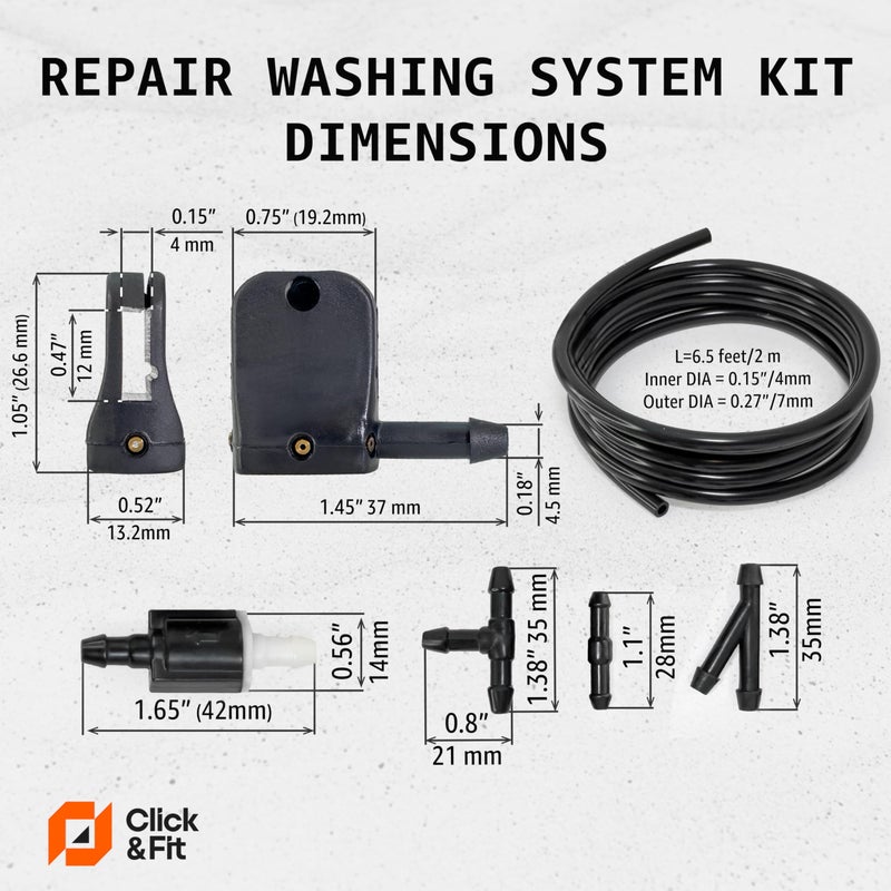 Click&Fit 3-way Truck&Van Windshield Washer Spray Nozzles Extension kit replacement for Ford Transit, Freightliner, Dodge Sprinter, VW Crafter, Peterbilt â€“ Washer jets for Wiper Arm 10-12mm 0.4-0.47", Click&Fit - Image 4