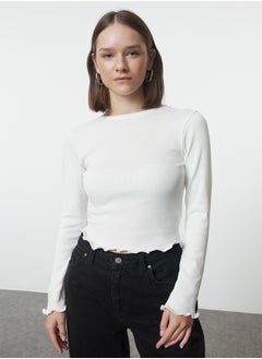 Ecru Fitted Crop Ribbed Stretchy Knitted Blouse TWOAW25BZ00167