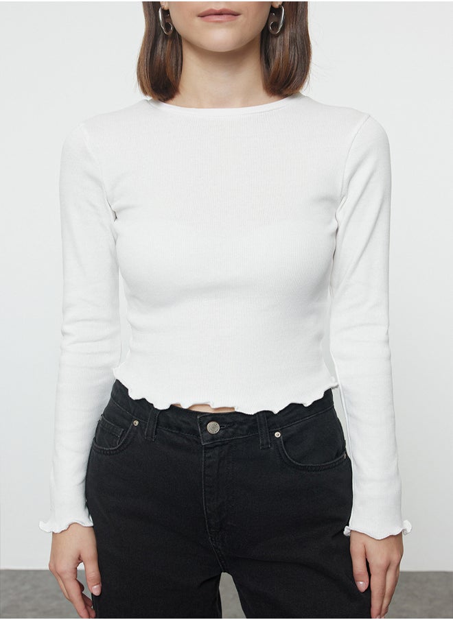 trendyol - Ecru Fitted Crop Ribbed Stretchy Knitted Blouse TWOAW25BZ00167 - Image 1