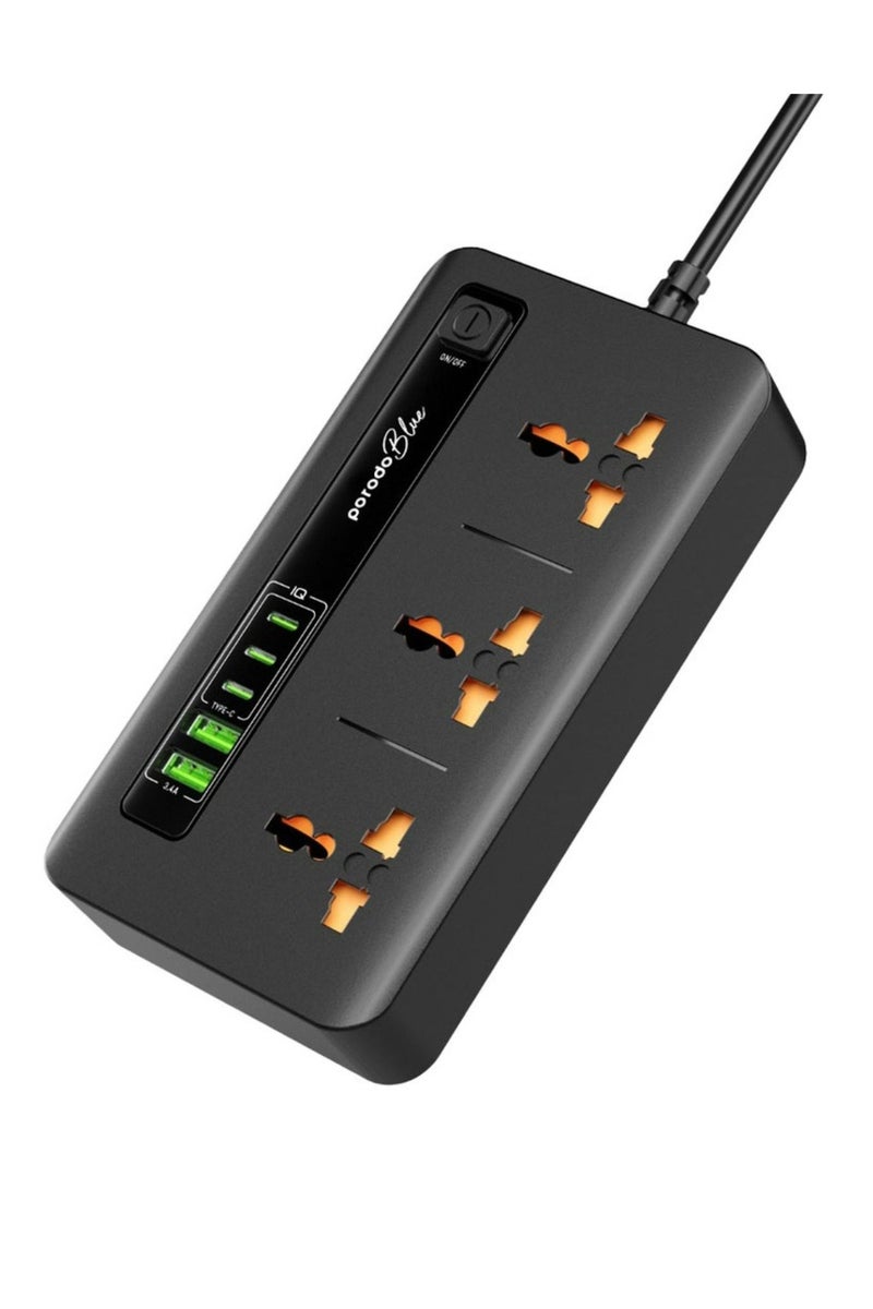 porodo Blue Multiple Ports Power Hub with ×2 USB-A & ×3 USB-C Ports, 3 AC Sockets, 3000W Rated Power, 2m Cable Length, Universal Compatibility - Black - Image 1