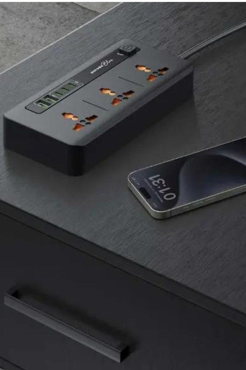 porodo Blue Multiple Ports Power Hub with ×2 USB-A & ×3 USB-C Ports, 3 AC Sockets, 3000W Rated Power, 2m Cable Length, Universal Compatibility - Black - Image 3