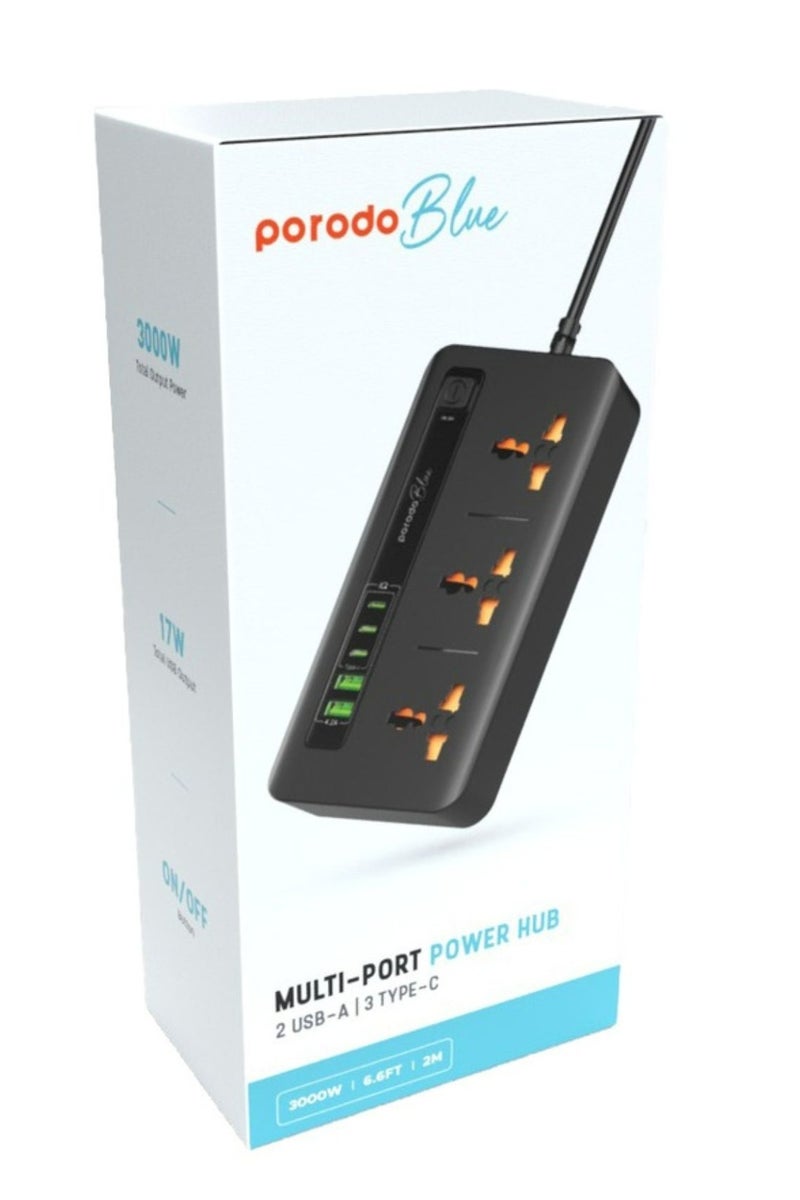 porodo Blue Multiple Ports Power Hub with ×2 USB-A & ×3 USB-C Ports, 3 AC Sockets, 3000W Rated Power, 2m Cable Length, Universal Compatibility - Black - Image 2
