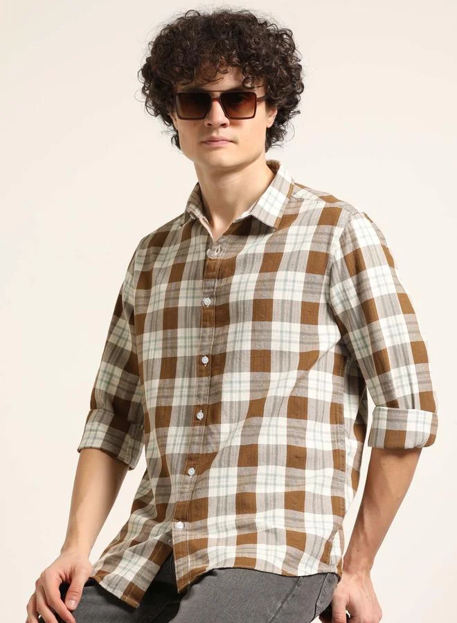 Bushirt Bushirt Men Brown Checked Spread Collar Shirt