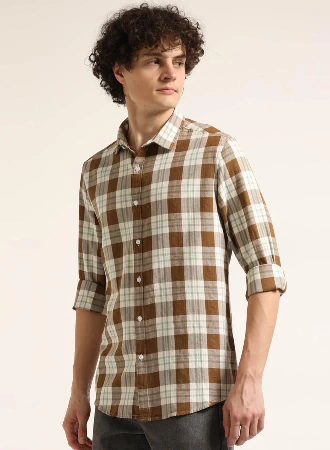 Bushirt Bushirt Men Brown Checked Spread Collar Shirt