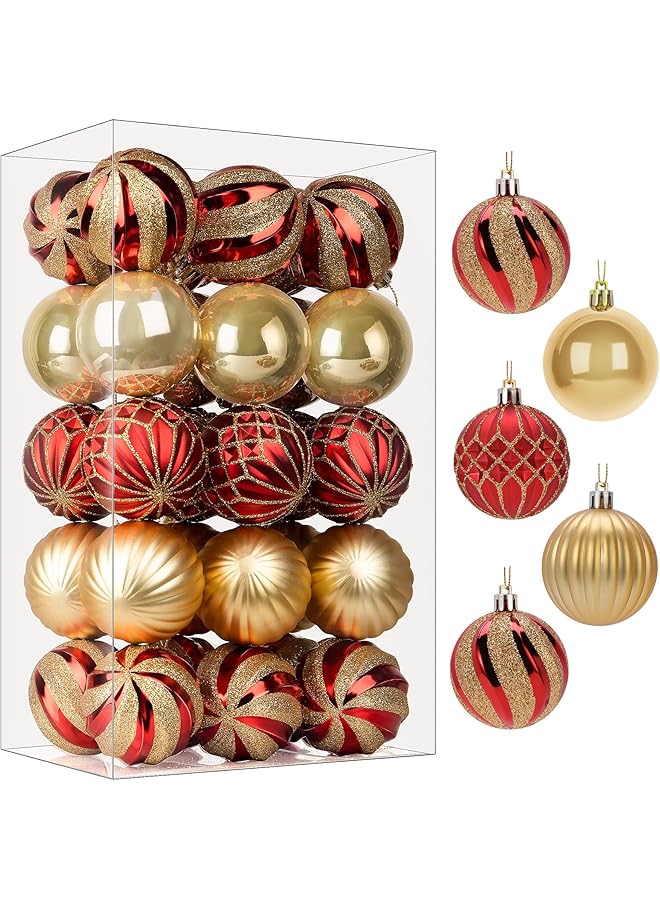 The Bros The Bro 30ct 2.36 Inch Christmas Tree Balls Ornaments, Colored Shatterproof Plastic Decorative Baubles Decorations for Xmas Tree Decor Holiday Party Wedding Decoration (Red & Gold, 60mm) - Image 1