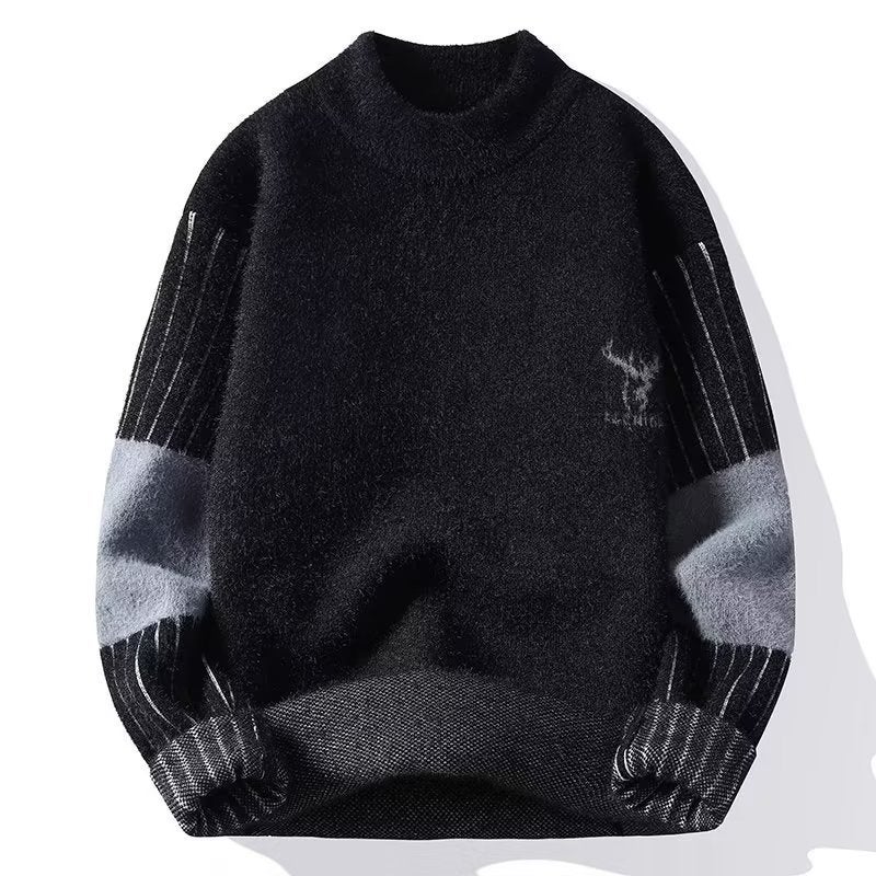 Mens Winter Sweater Fleece-Lined Thick Knitwear Black  - Image 1
