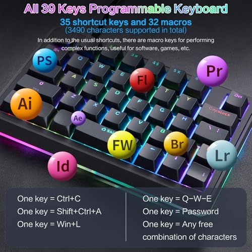Koolertron Single-Handed Macro Mechanical Keyboard, RGB LED Backlit Portable Mini One-Handed Mechanical Gaming Keypad 39 Fully Programmable Keys (39 Keyboard Black) - Image 3