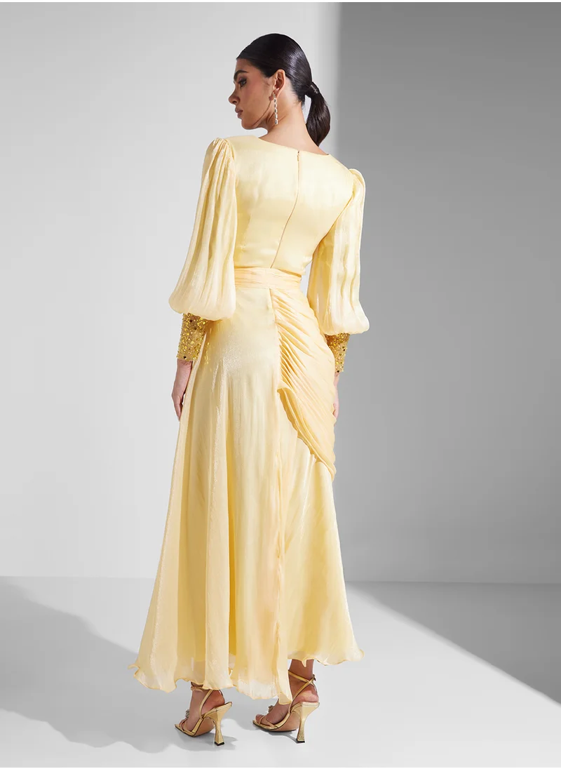 نمشي x Puff Sleeve Dress With Waist Draping