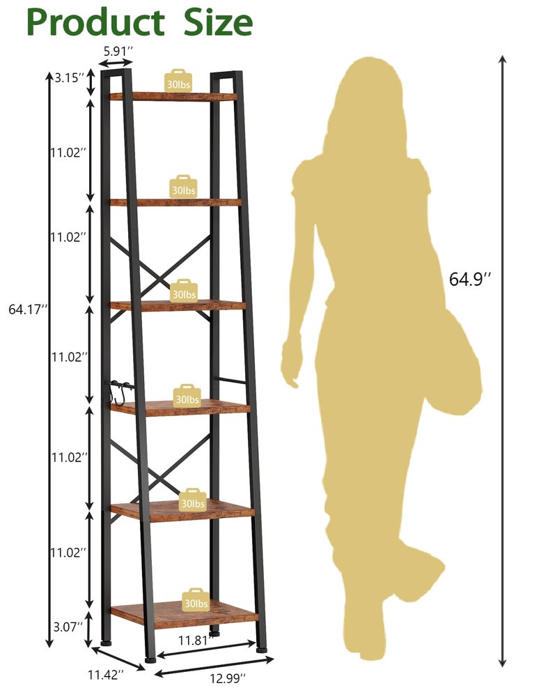 Furologee 6 Tier Ladder Shelf Bookcase, Tall Ladder Bookshelf Narrow with 2 Hooks, Industrial Metal Wooden Shelf Free Standing, Skinny Bathroom Shelves for Bedroom Living Room Kitchen, Rustic Brown - Image 2