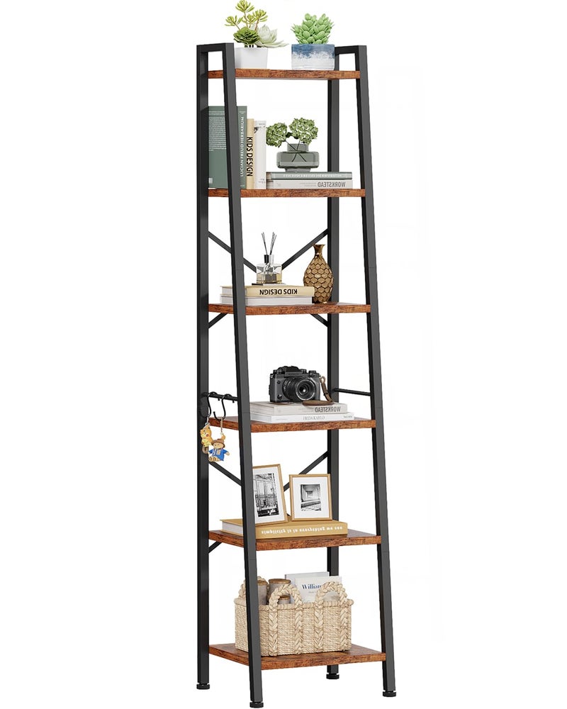 Furologee 6 Tier Ladder Shelf Bookcase, Tall Ladder Bookshelf Narrow with 2 Hooks, Industrial Metal Wooden Shelf Free Standing, Skinny Bathroom Shelves for Bedroom Living Room Kitchen, Rustic Brown - Image 1