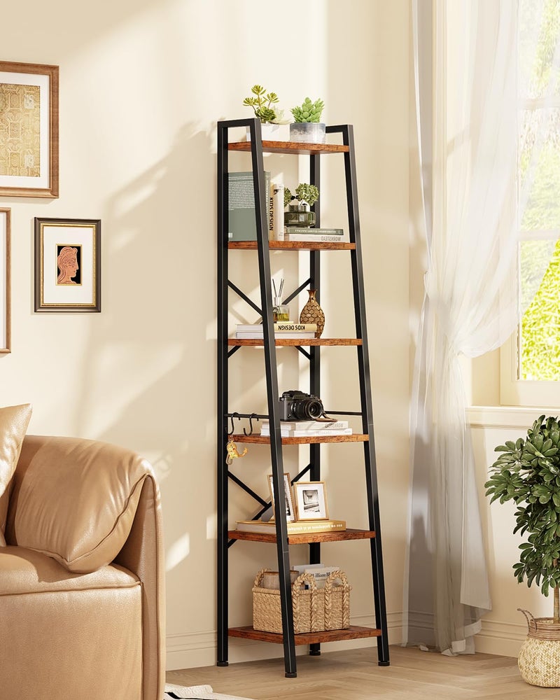 Furologee 6 Tier Ladder Shelf Bookcase, Tall Ladder Bookshelf Narrow with 2 Hooks, Industrial Metal Wooden Shelf Free Standing, Skinny Bathroom Shelves for Bedroom Living Room Kitchen, Rustic Brown - Image 3