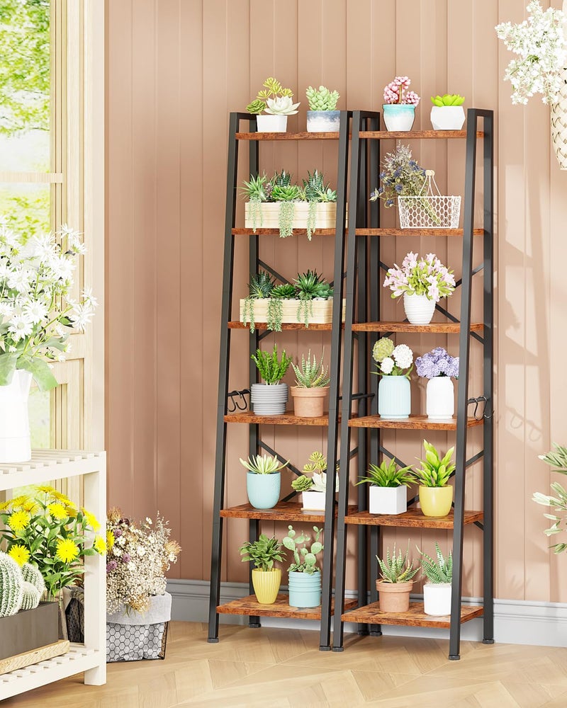 Furologee 6 Tier Ladder Shelf Bookcase, Tall Ladder Bookshelf Narrow with 2 Hooks, Industrial Metal Wooden Shelf Free Standing, Skinny Bathroom Shelves for Bedroom Living Room Kitchen, Rustic Brown - Image 5