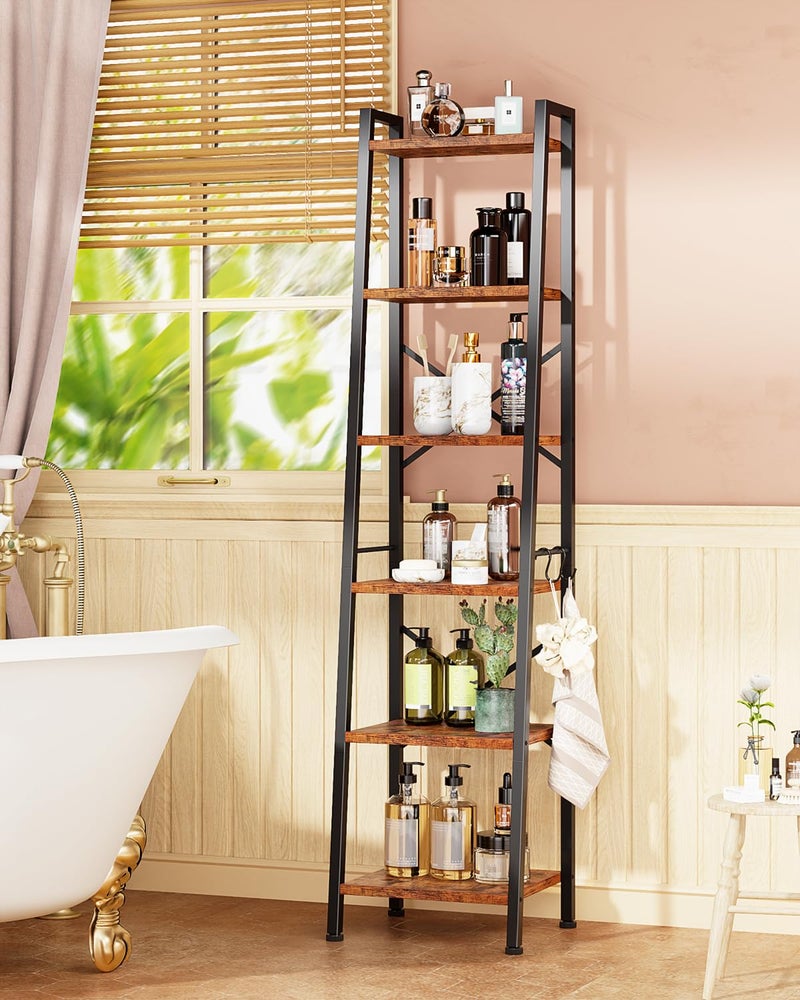 Furologee 6 Tier Ladder Shelf Bookcase, Tall Ladder Bookshelf Narrow with 2 Hooks, Industrial Metal Wooden Shelf Free Standing, Skinny Bathroom Shelves for Bedroom Living Room Kitchen, Rustic Brown - Image 4