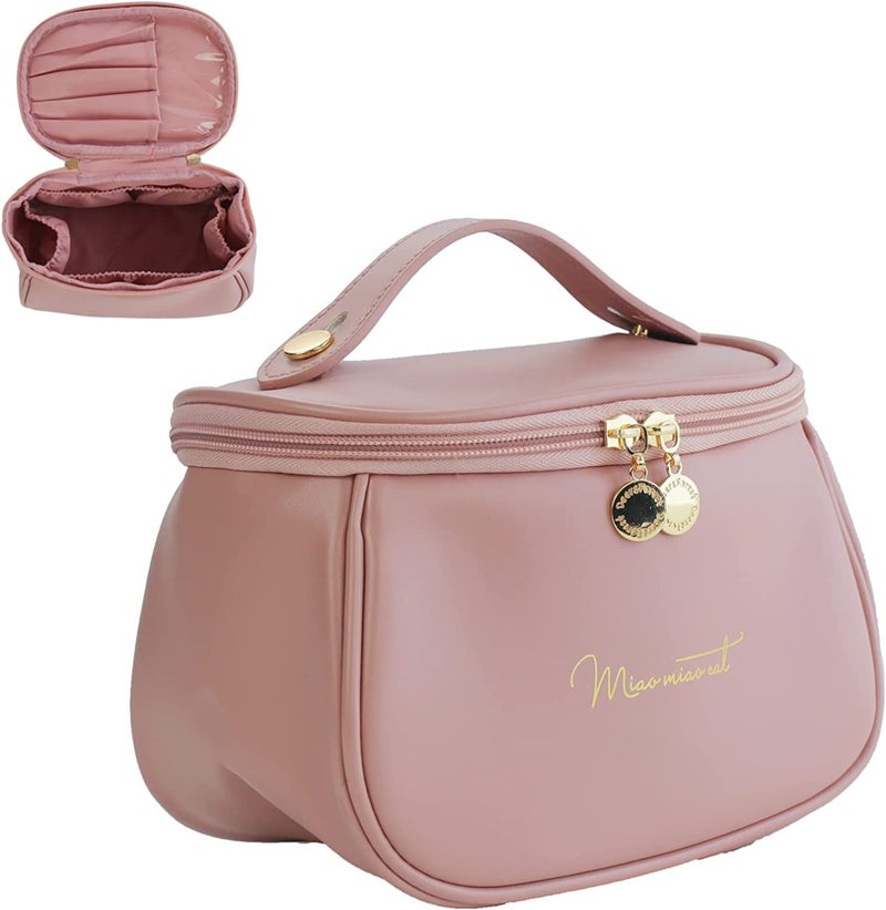 ARLICORPING Makeup Storage Bag, Portable Cosmetic, PU Leather Multifunctional Vanity Bag for Makeup,Cosmetic Brush Case, Cosmetic Travel Bag for Women Organization Bag with Handle(Light Pink) - Image 1