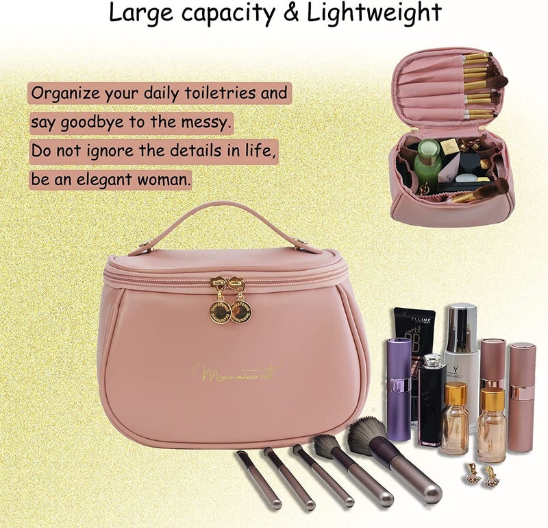 ARLICORPING Makeup Storage Bag, Portable Cosmetic, PU Leather Multifunctional Vanity Bag for Makeup,Cosmetic Brush Case, Cosmetic Travel Bag for Women Organization Bag with Handle(Light Pink) - Image 2